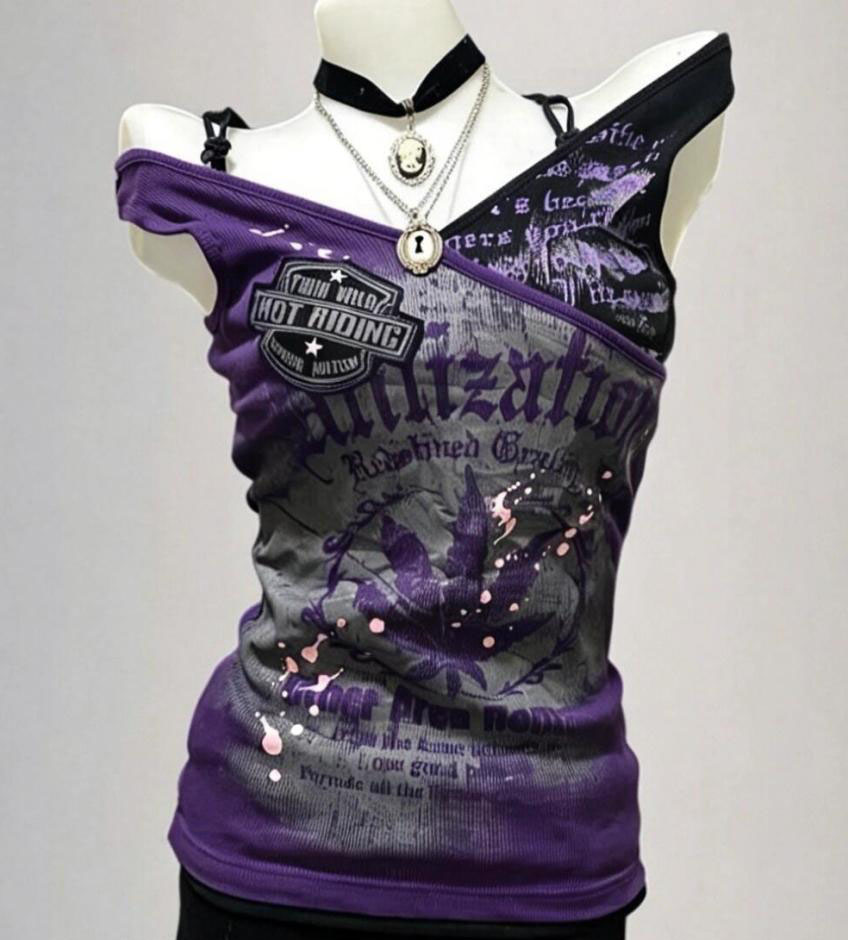 Vintage Fashion Subculture - T-shirt Gotica Y2K con Stampa Grafica,