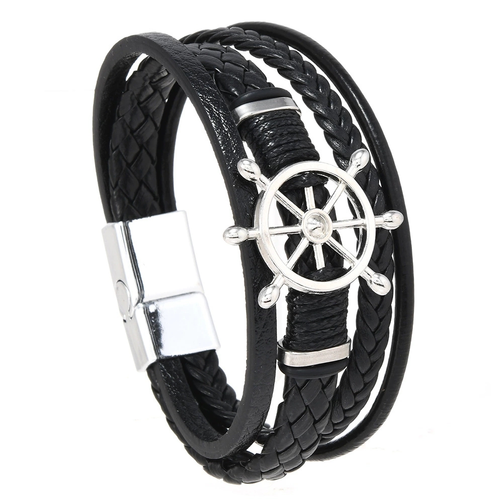 Vintage Fashion Wheel - Bracciale vintage in pelle intrecciata multistrato